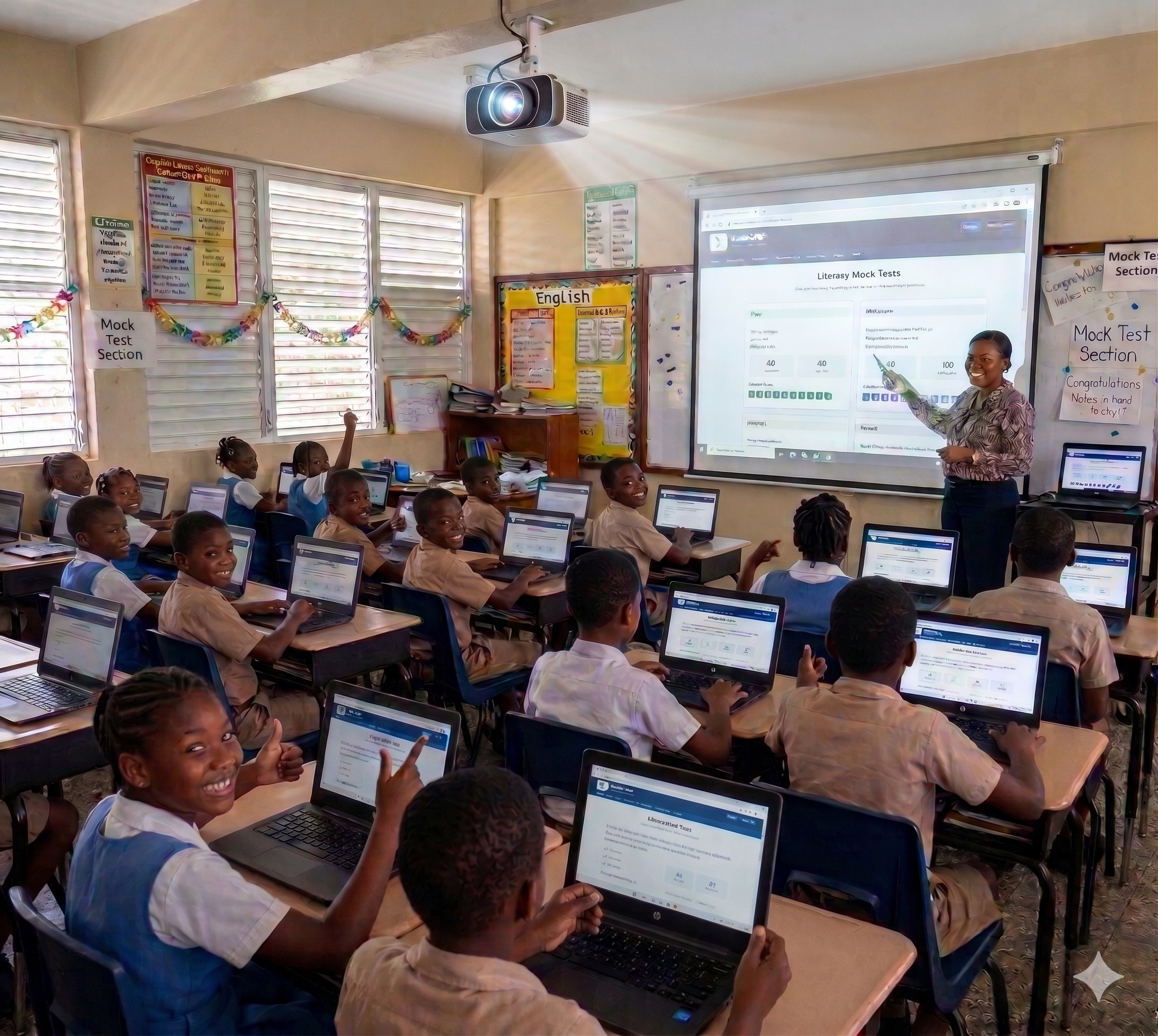 Jamaican students using laptops for online PEP practice in class